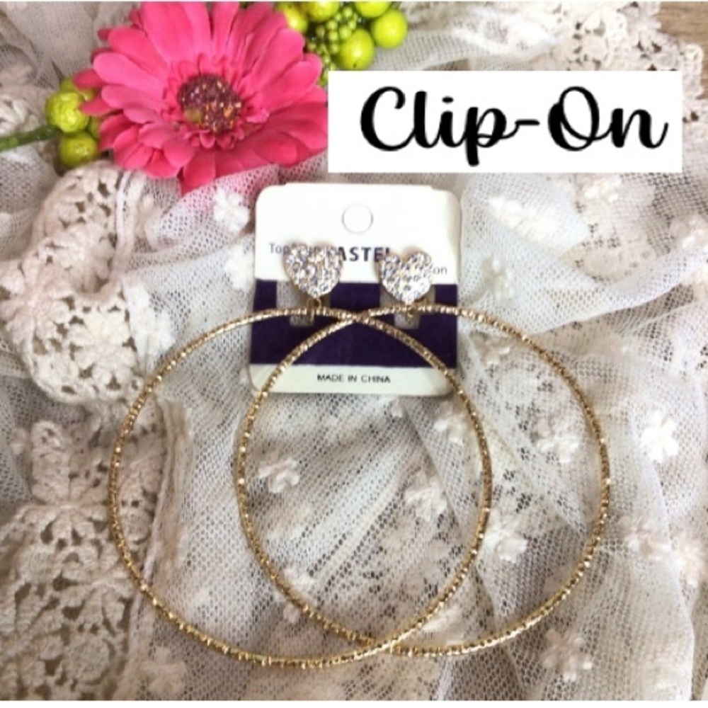 Crystal Rhinestone Gold-tone Bling Sparkle Heart Hoop Dangle Clip-On Earrings